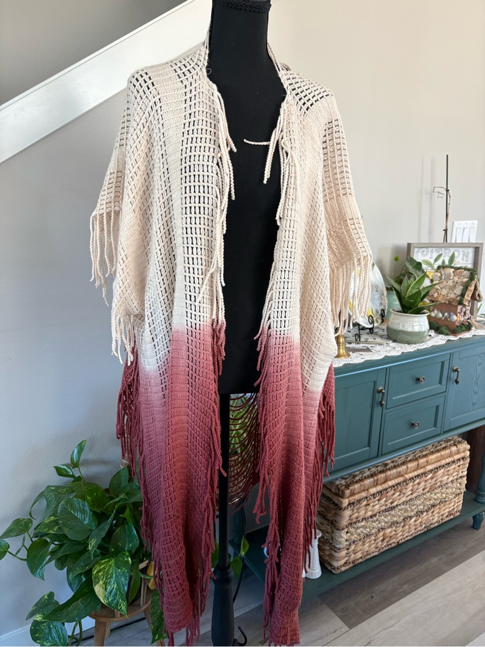 Open-Weave Fringe Kimono Cardigan in Cream and Burgundy